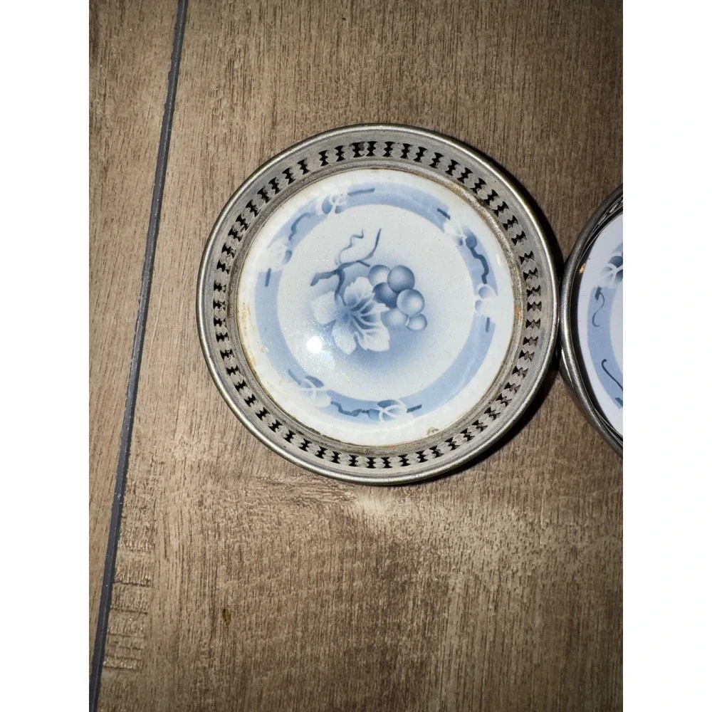 Vintage Blue White Grapes Porcelain Silver‎ Coasters THEODOR PAETSCH SPRITZDEKOR